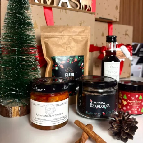 Zestaw świąteczny - kawa Espresso, herbata Zimowa Szarlotka, syrop do kawy, miód, świeczka sojowa